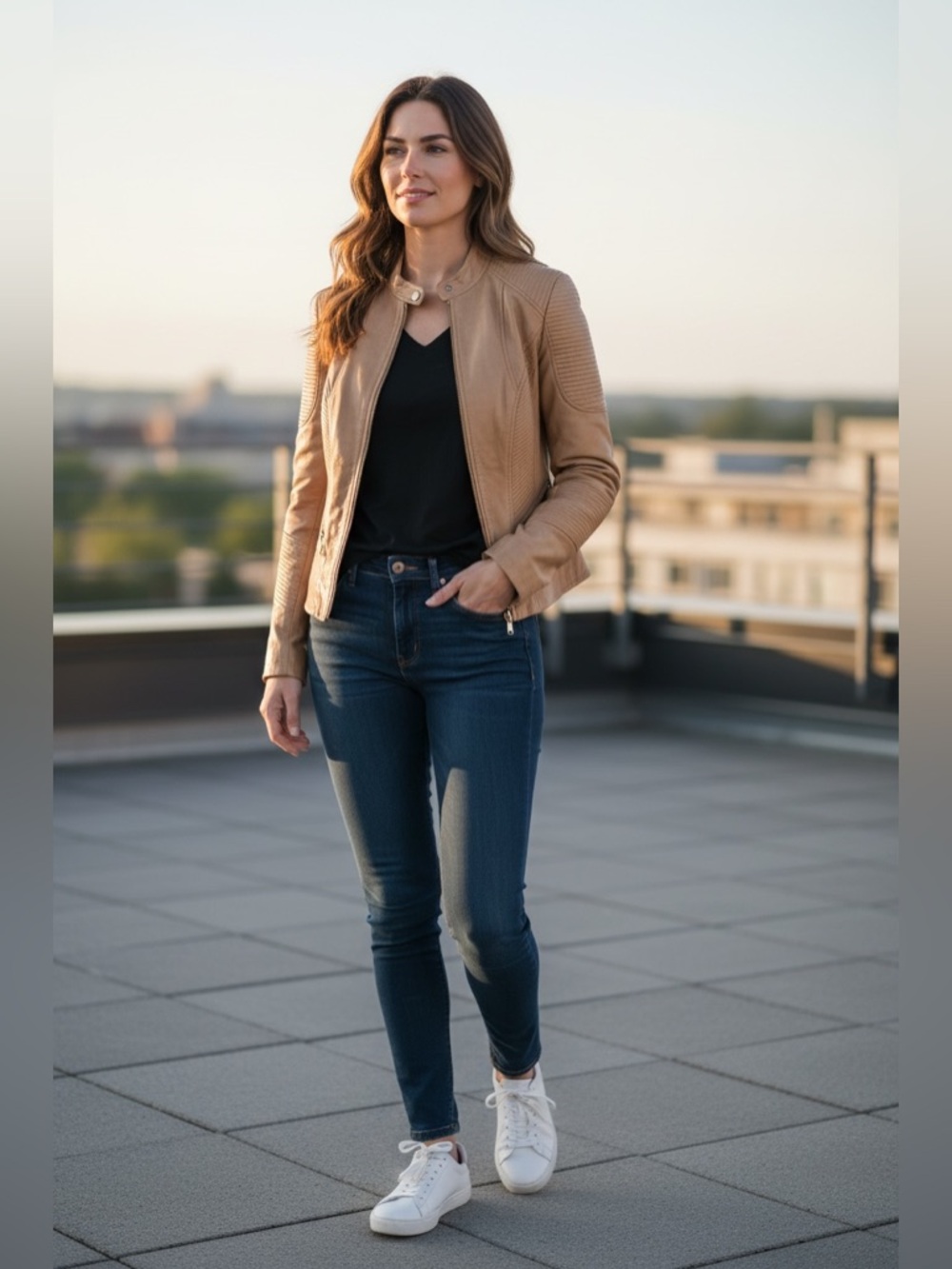 (6)Danier Light Tan Soft Leather Jacket with Gold Hard-wear